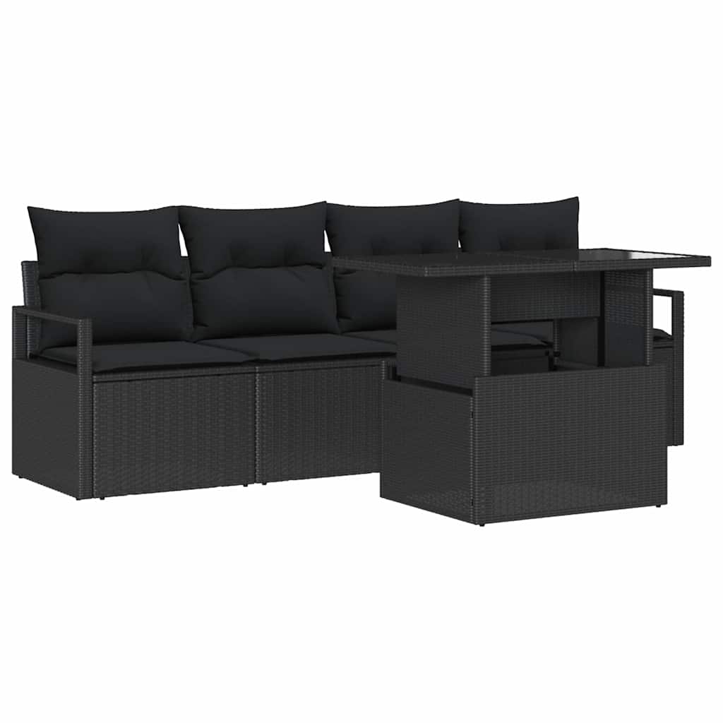 Set Divano da Giardino con cuscino 5 pcs Nero Poly Rattan | homemem39