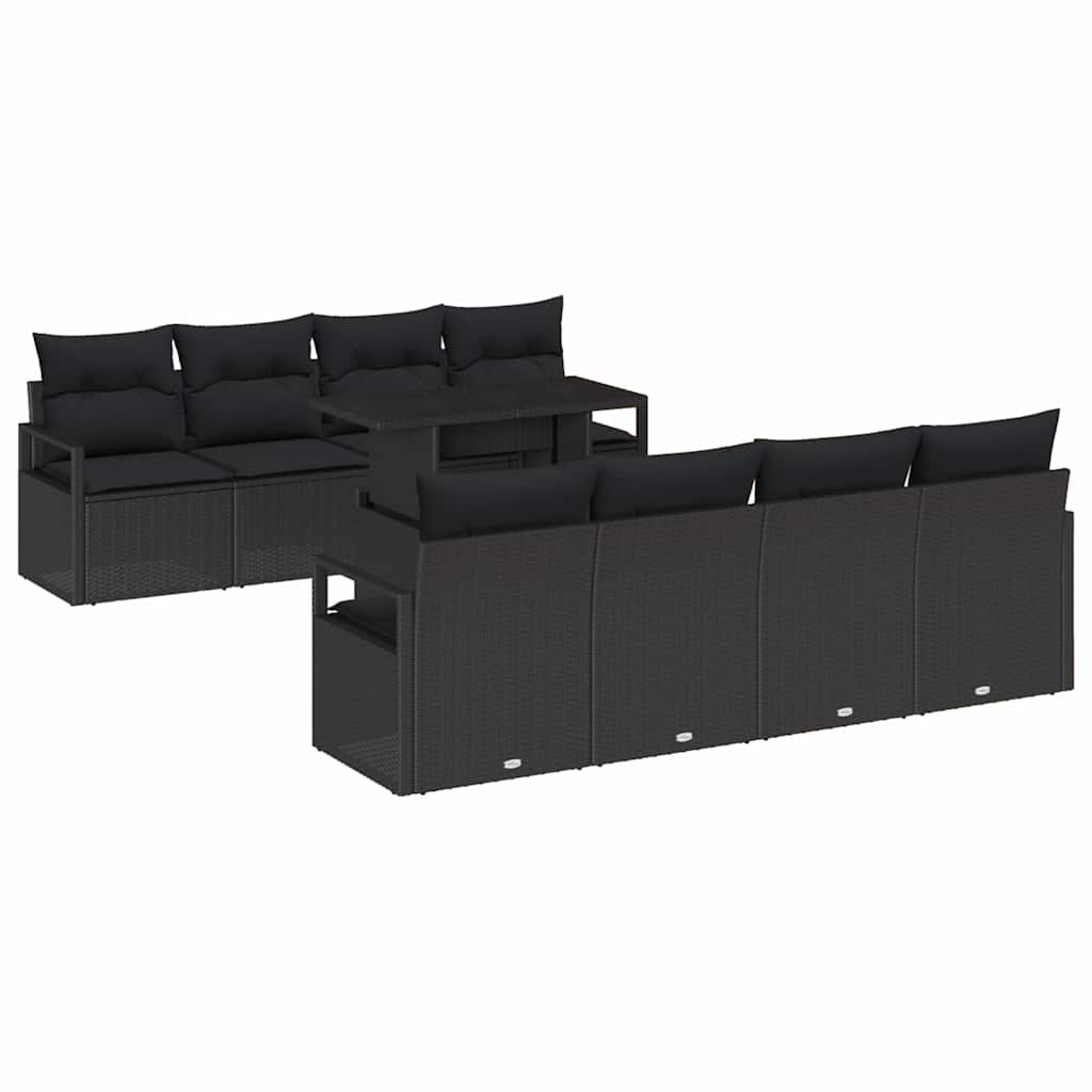 Set Divano da Giardino con cuscino 9 pcs Nero Poly Rattan | homemem39