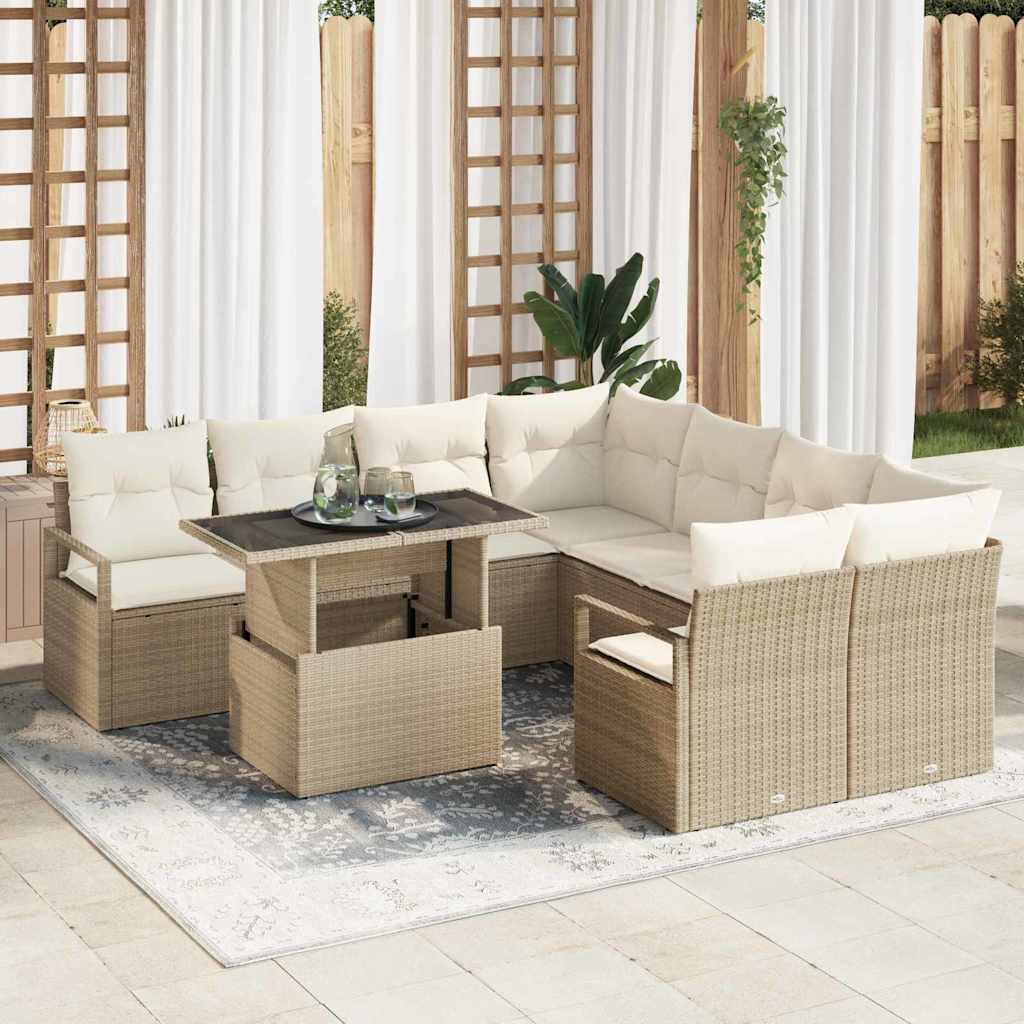 Set Divano da Giardino con cuscino 9 pcs Beige Poly Rattan | homemem39