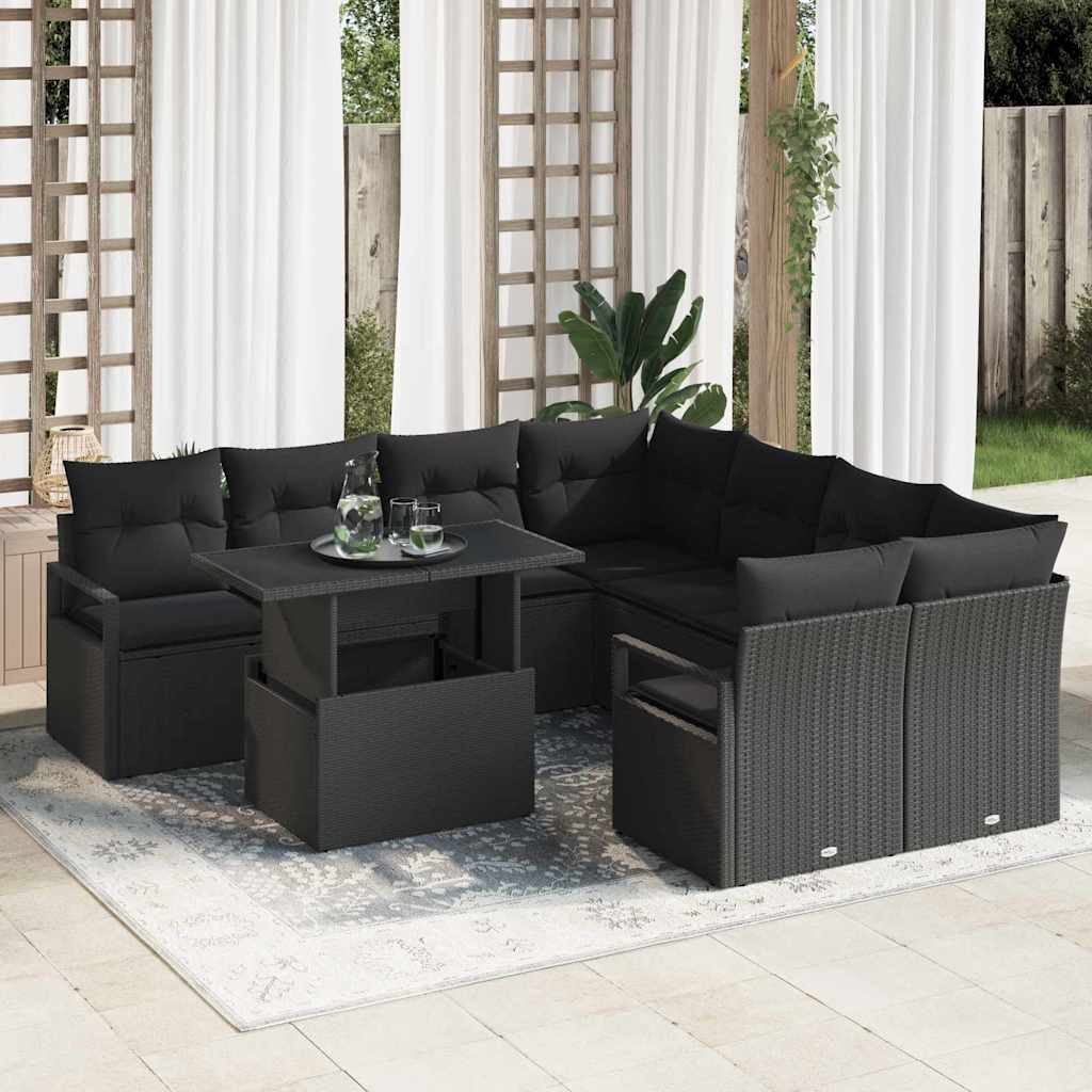 Set Divano da Giardino con archiviazione 9 pcs Nero Poly Rattan - homemem39