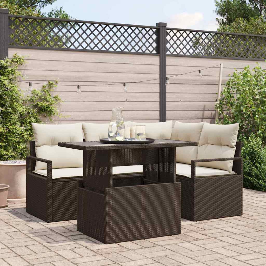 Set Divano da Giardino con cuscino 5 pcs Marrone Poly Rattan