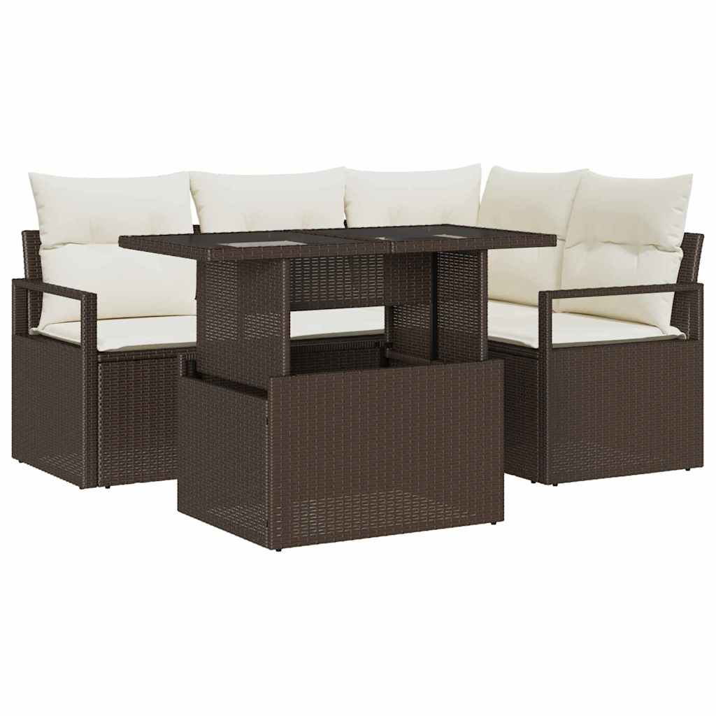 Set Divano da Giardino con cuscino 5 pcs Marrone Poly Rattan