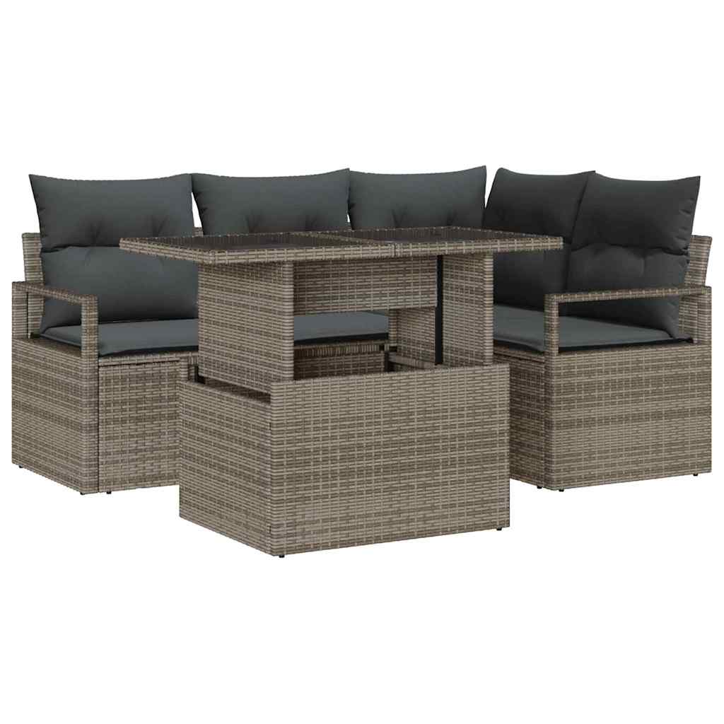 Set Divano da Giardino con cuscino 5 pcs Grigio Poly Rattan