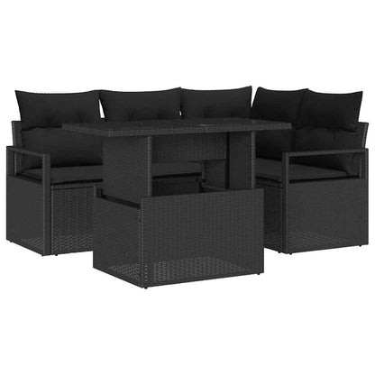 Set Divano da Giardino con cuscino 5 pcs Nero Poly Rattan | homemem39