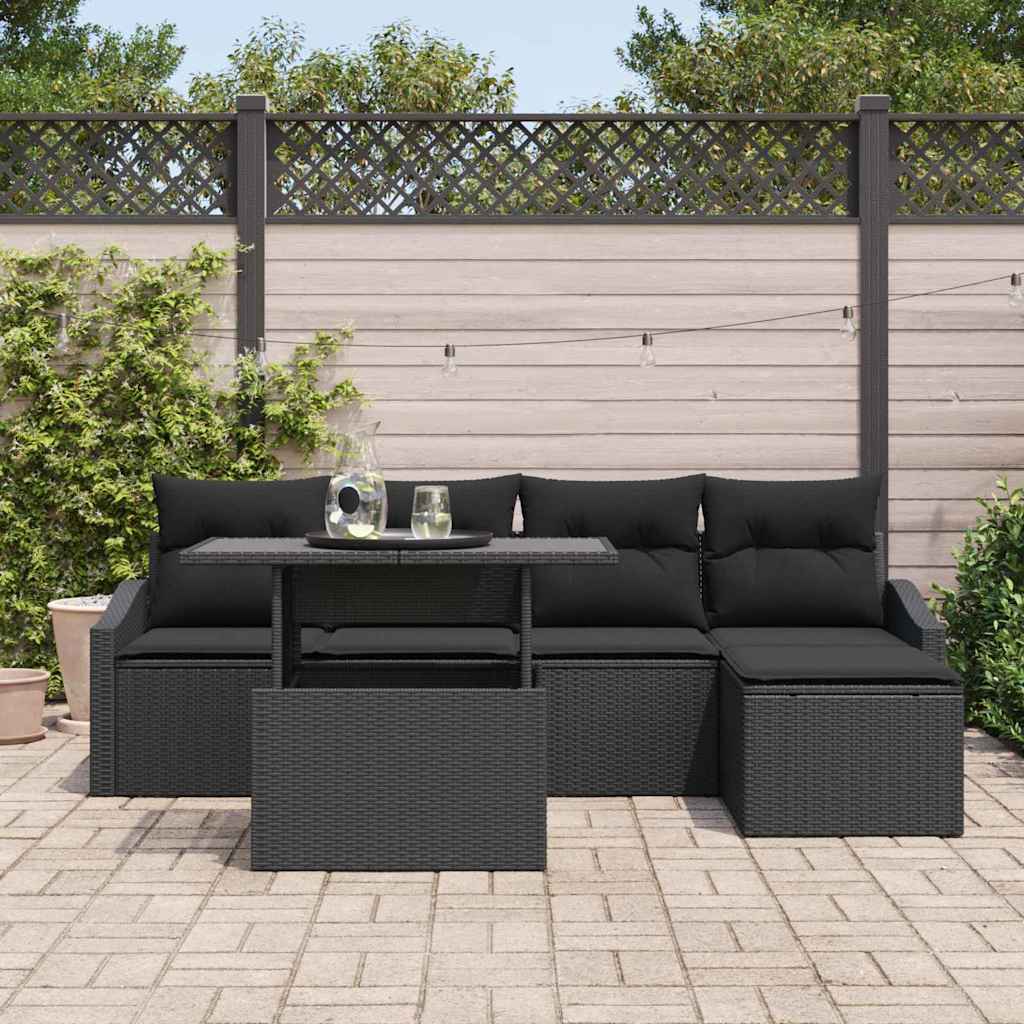Set Divano da Giardino con cuscino 6 pcs Nero polyrattan | homemem39