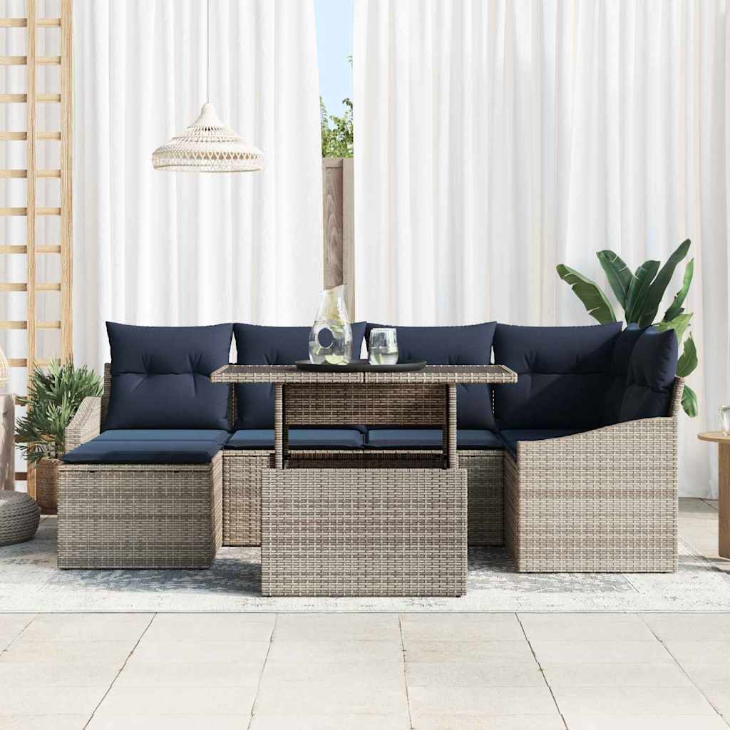 Set Divano da Giardino con cuscino 7 pcs Grigio e Blu Navy | homemem39