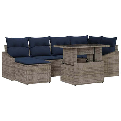 Set Divano da Giardino con cuscino 7 pcs Grigio e Blu Navy