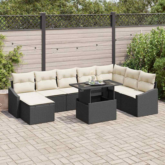 Set Divano da Giardino con cuscino 9 pcs Nero e Crema