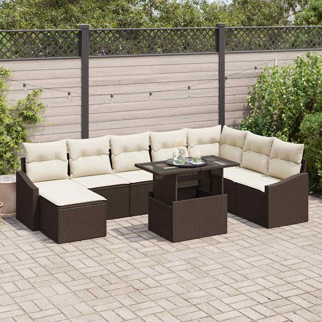 Set Divano da Giardino con cuscino 9 pcs Marrone e Crema | homemem39