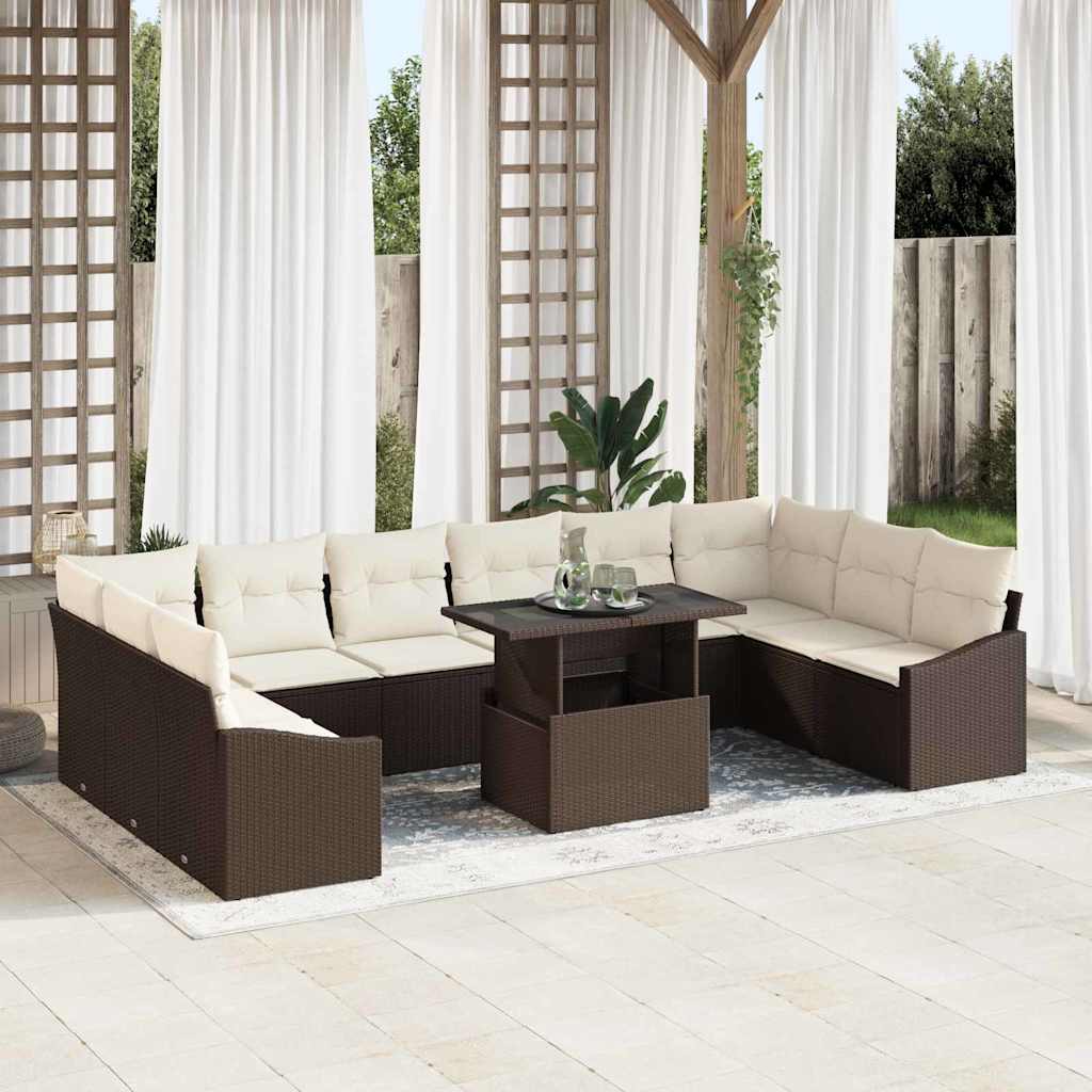 Set Divano da Giardino con cuscino 11 pcs Marrone e Crema | homemem39