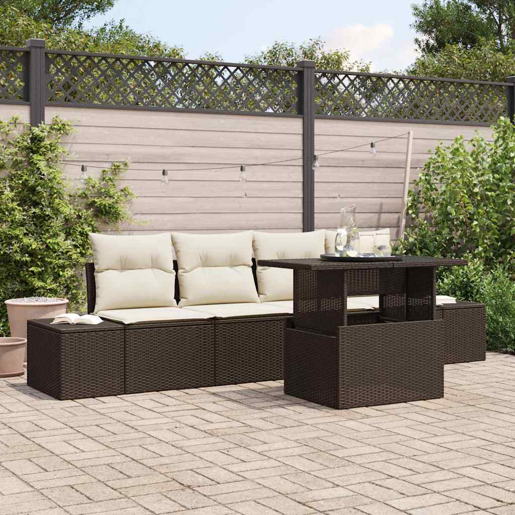 Set Divano da Giardino con cuscino 5 pcs Marrone e Crema | homemem39