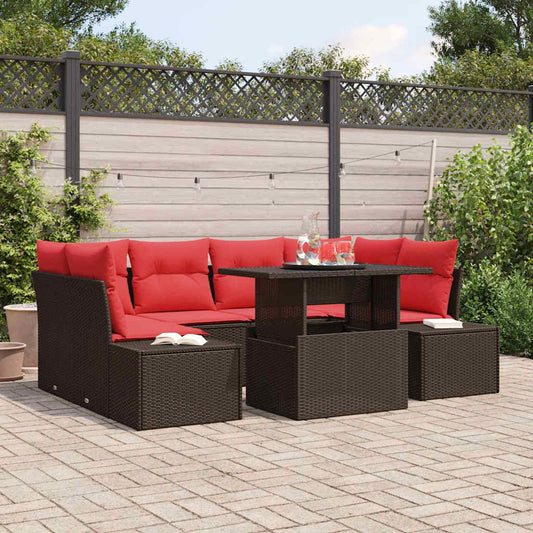 Set Divano da Giardino 7 pz 6-Numero di posti Marrone e Rosso | homemem39