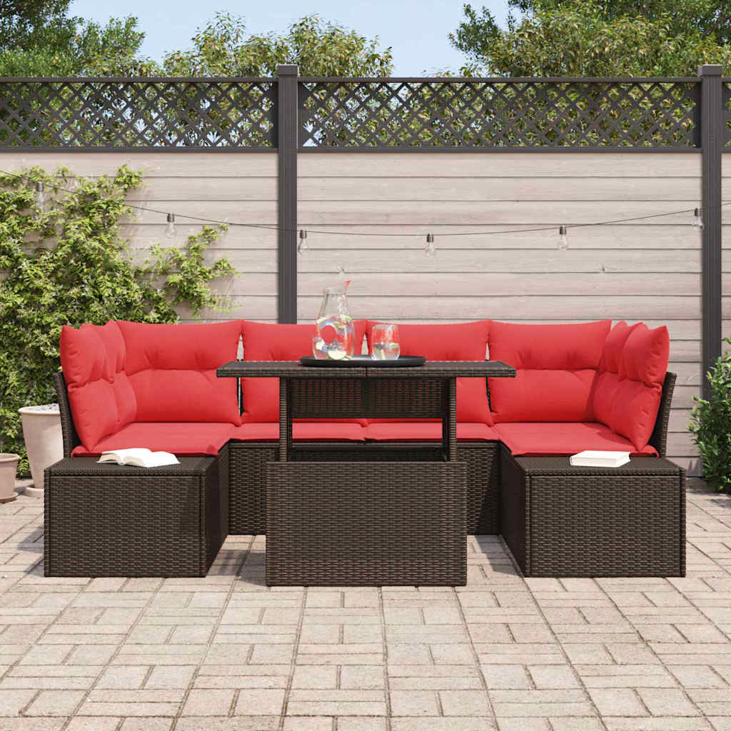 Set Divano da Giardino 7 pz 6-Numero di posti Marrone e Rosso | homemem39