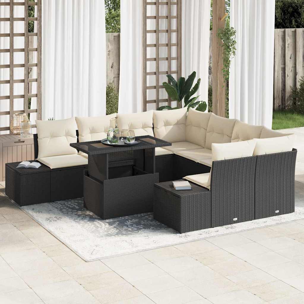 Set Divano da Giardino 9 pcs Nero e Crema polyrattan | homemem39
