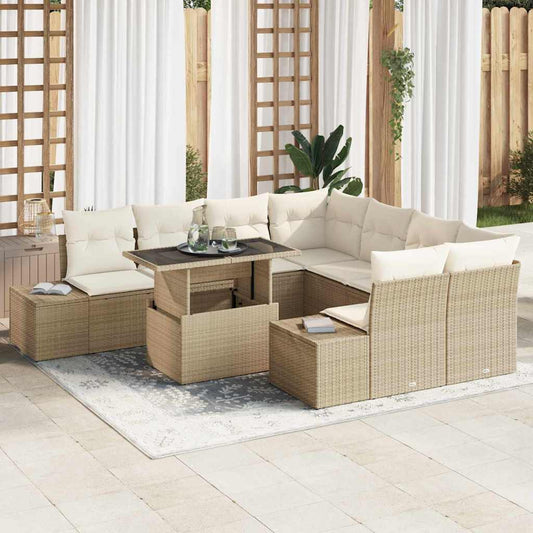Set Divano da Giardino 9 pcs Beige e Crema polyrattan