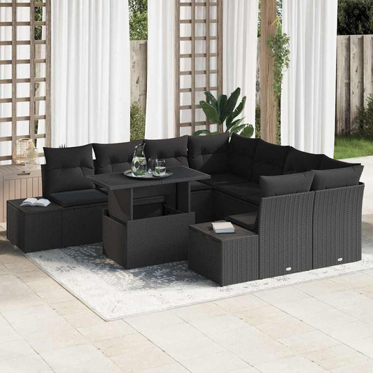 Set Divano da Giardino con cuscino 9 pcs Nero polyrattan