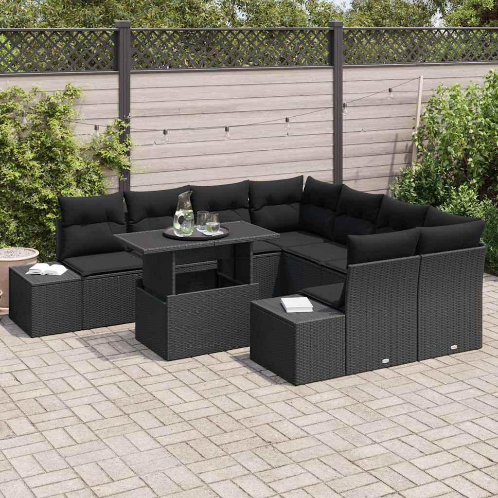 Set Divano da Giardino con cuscino 9 pcs Nero polyrattan | homemem39