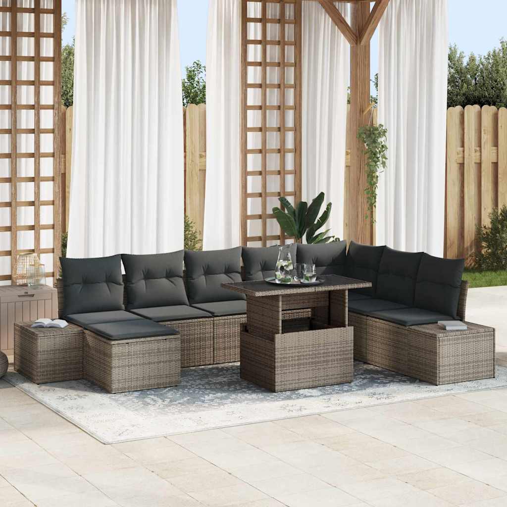 Set Divano da Giardino 9 pcs Grigio Poly Rattan