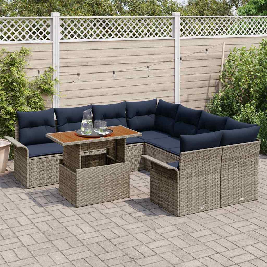 Set Divano da Giardino 9 pcs Grigio Poly Rattan