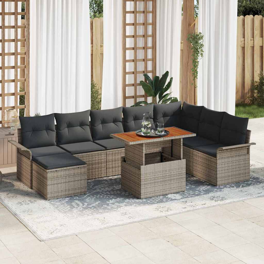 Set Divano da Giardino 9 pcs Grigio Poly Rattan