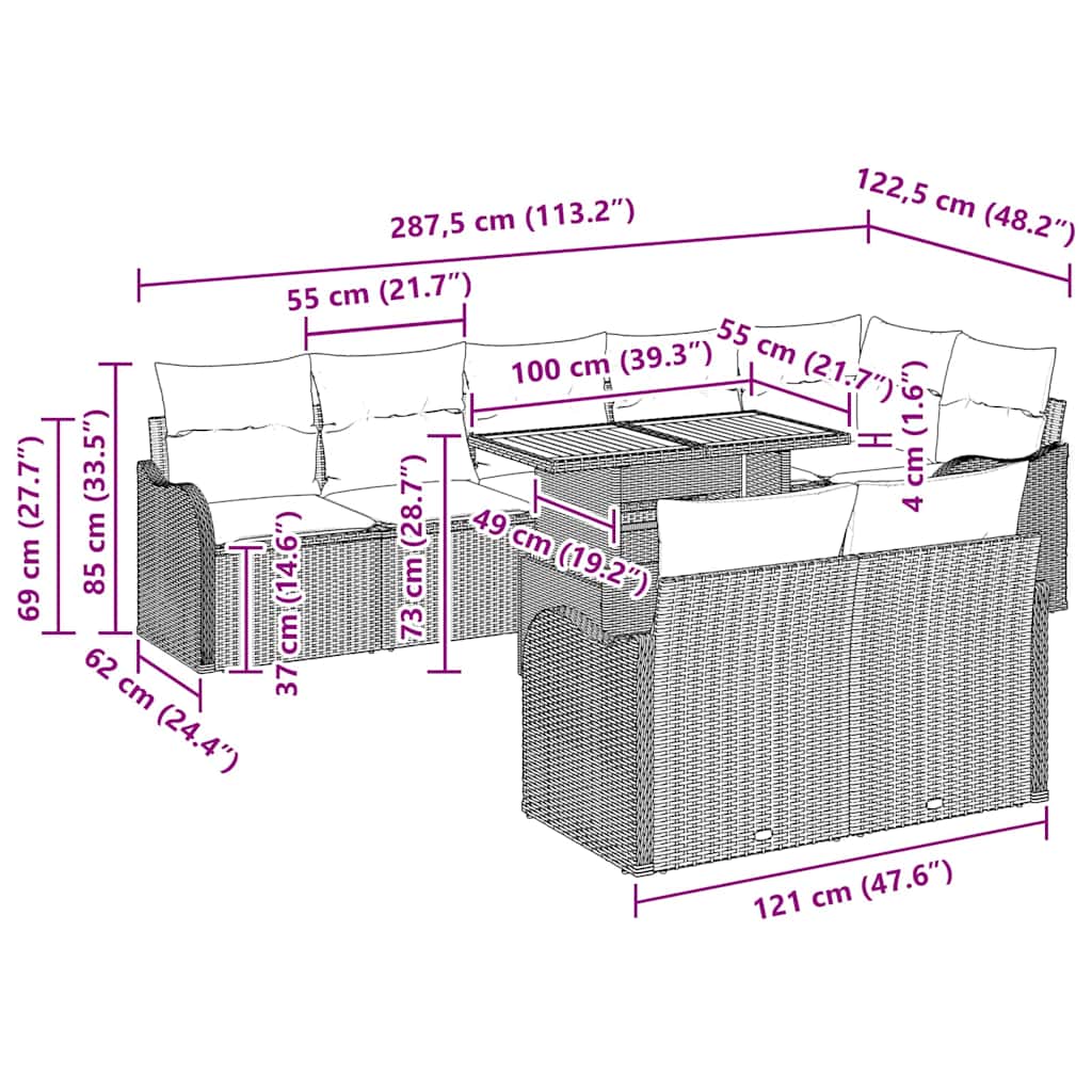 Set Divano da Giardino 9 pcs Grigio Poly Rattan