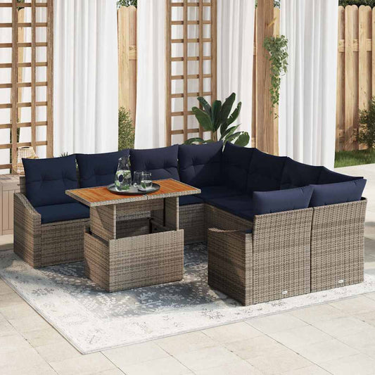 Set Divano da Giardino 9 pcs Grigio Poly Rattan | homemem39