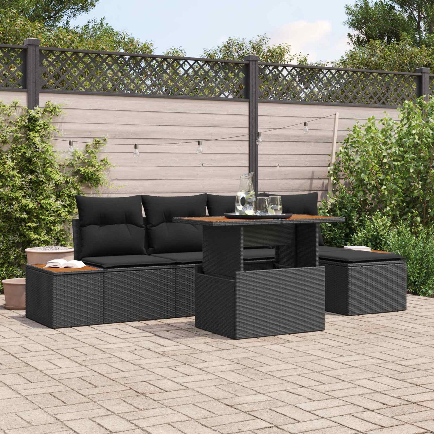 Set Divano da Giardino con archiviazione 6 pcs Nero Poly Rattan