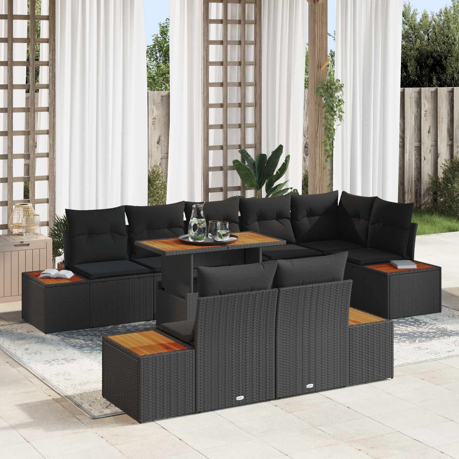 Set Divano da Giardino con archiviazione 9 pcs Nero Poly Rattan | homemem39