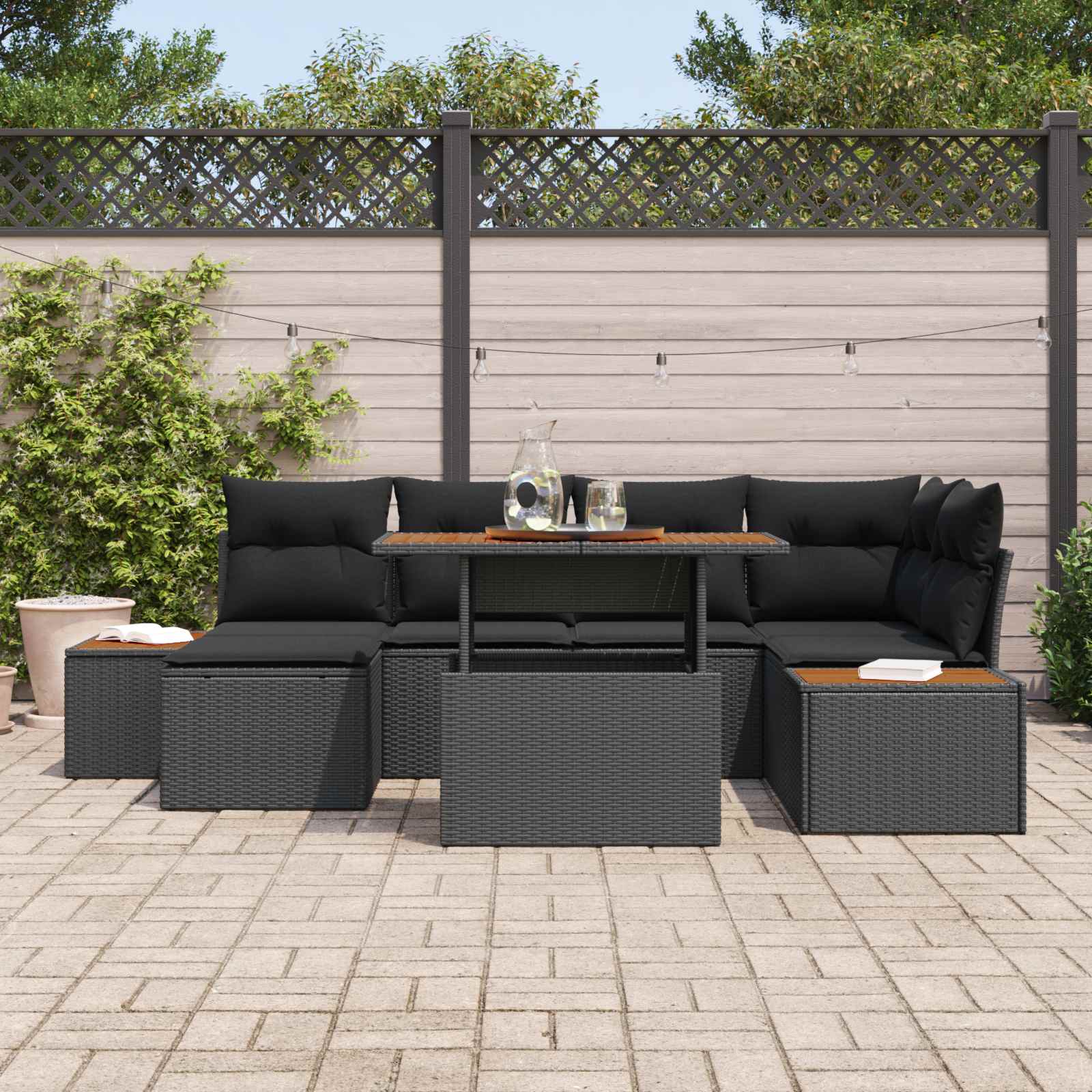 Set Divano da Giardino con archiviazione 7 pcs Nero Poly Rattan | homemem39