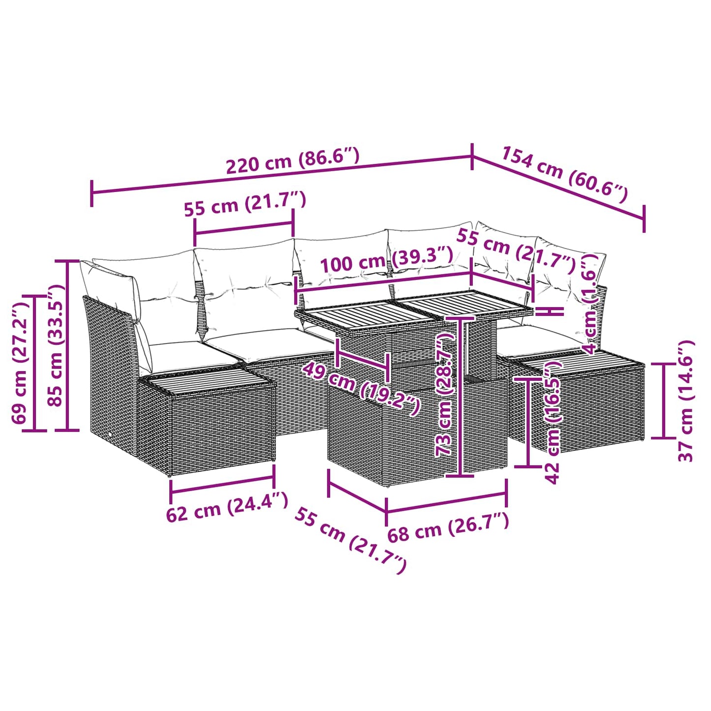 Set Divano da Giardino 10 pcs Nero Poly Rattan