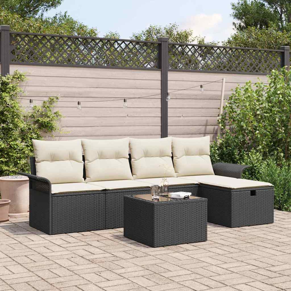 Set Divano da Giardino 6 pcs Nero e Crema polyrattan