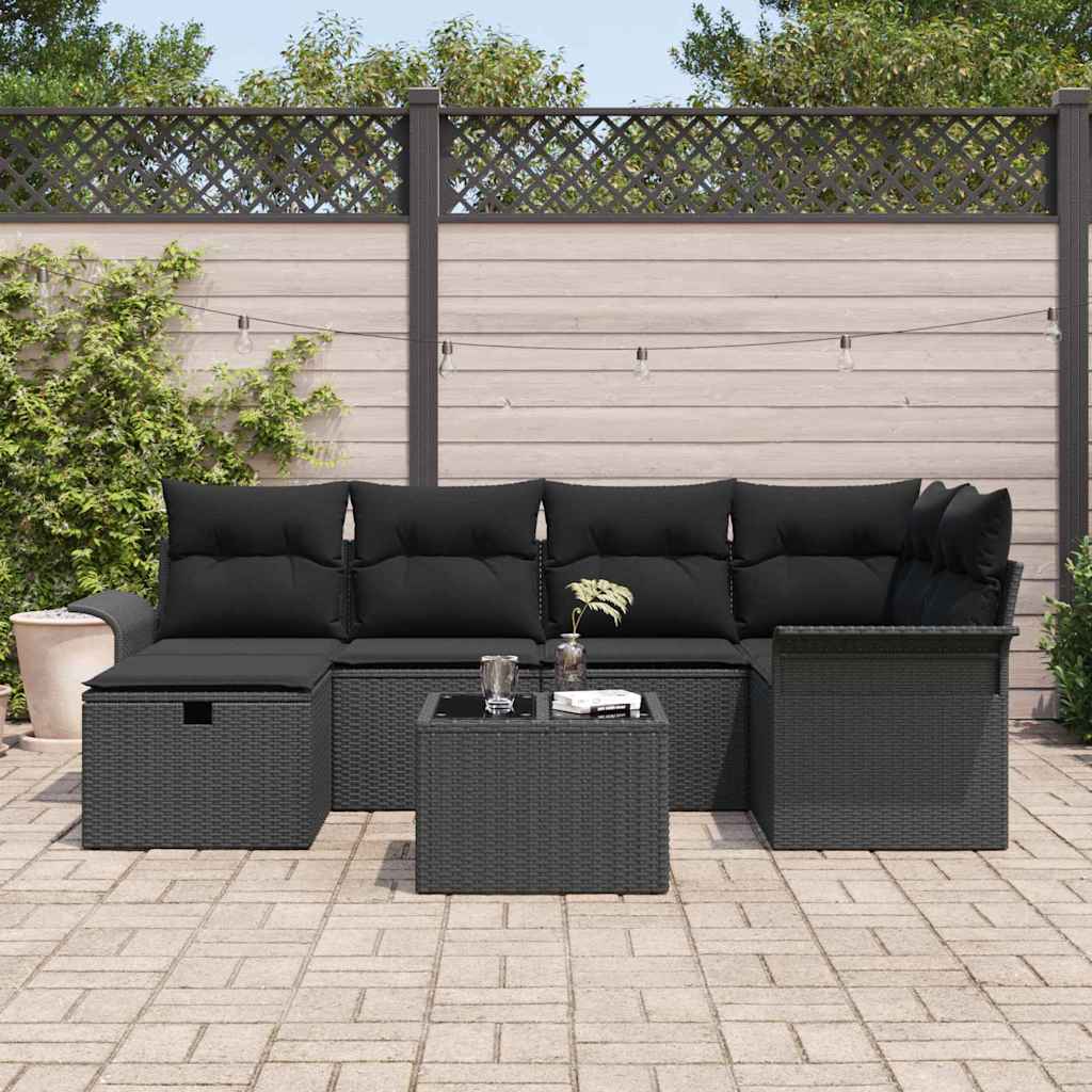 Set Divano da Giardino con cuscino 7 pcs Nero polyrattan | homemem39