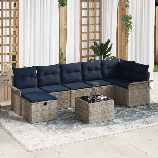 Set Divano da Giardino 8 pcs Grigio e Blu Navy polyrattan