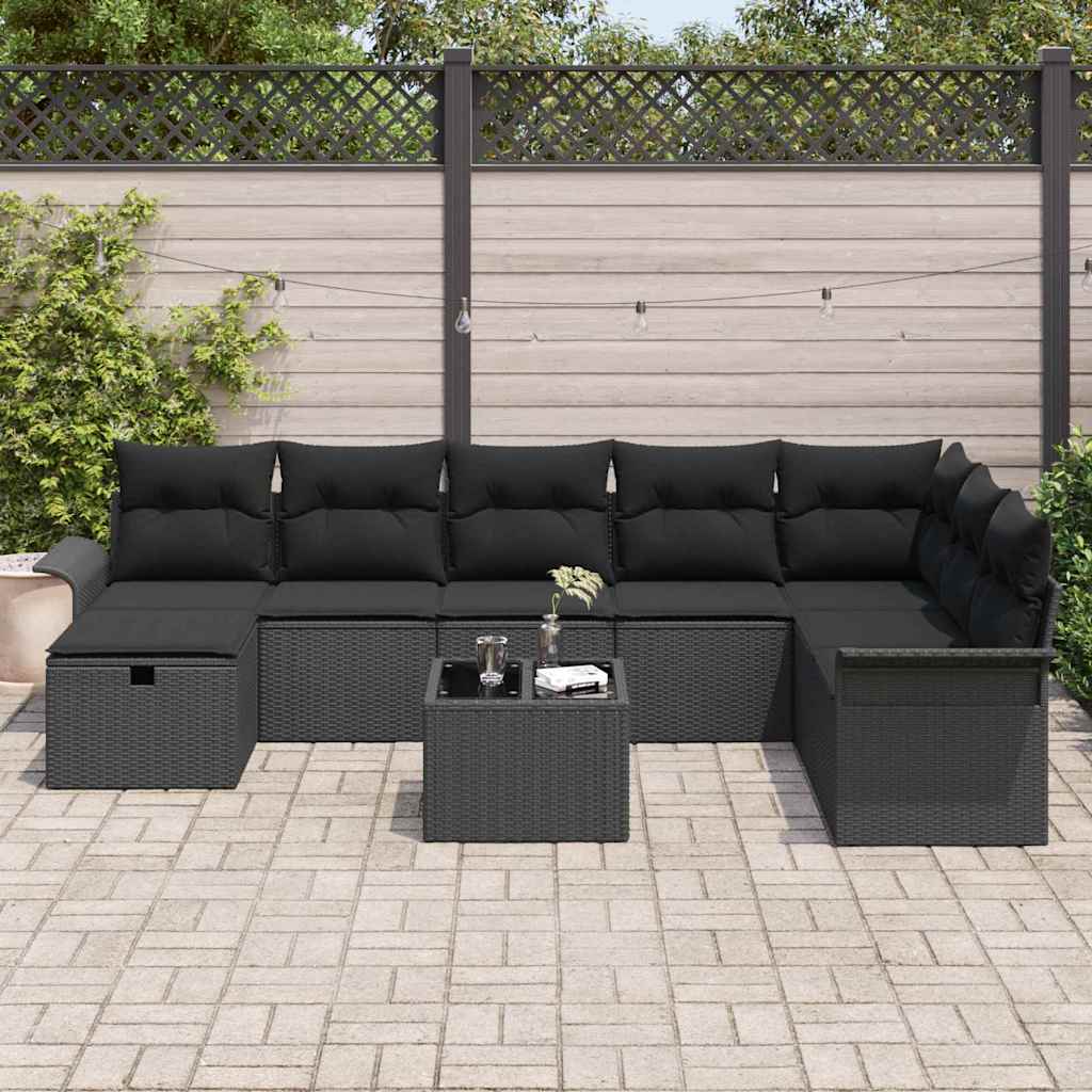 Set Divano da Giardino con cuscino 9 pcs Nero polyrattan | homemem39