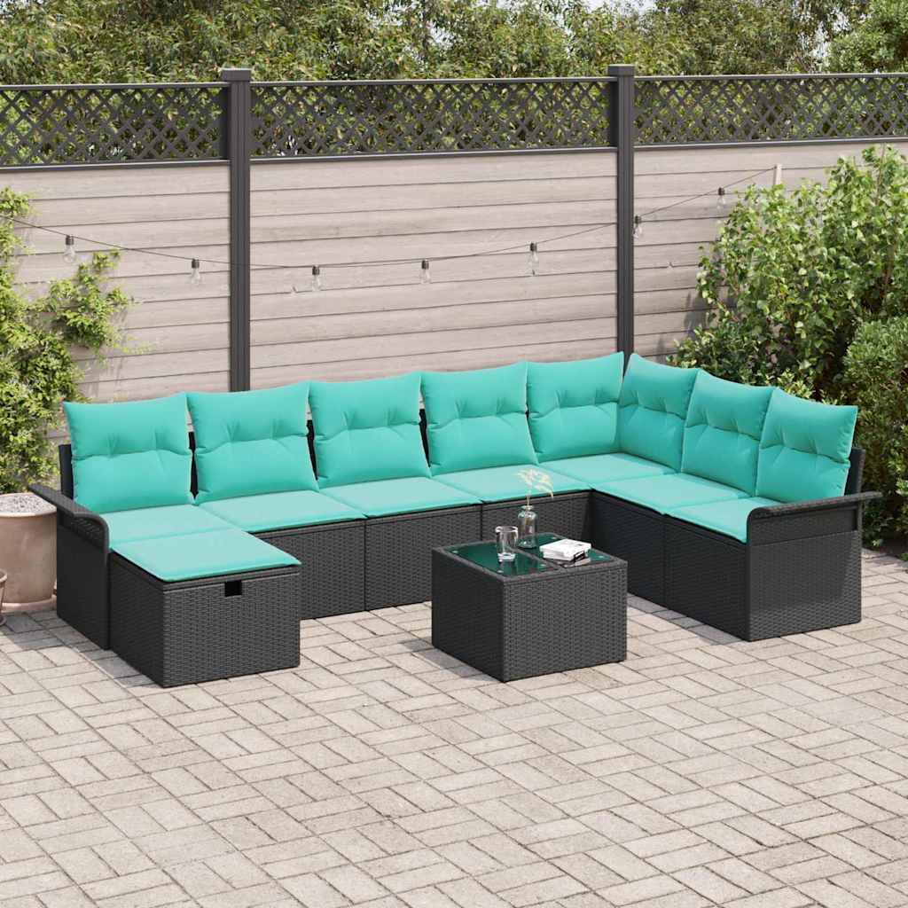 Set Divano da Giardino 9 pcs Nero e Turchese polyrattan | homemem39