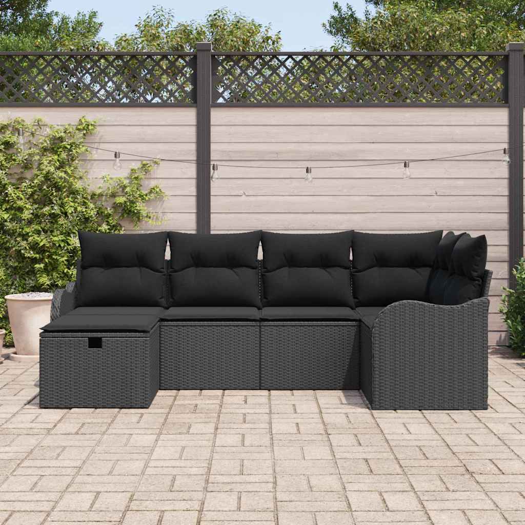 Set Divano da Giardino con cuscino 6 pcs Nero Poly Rattan | homemem39