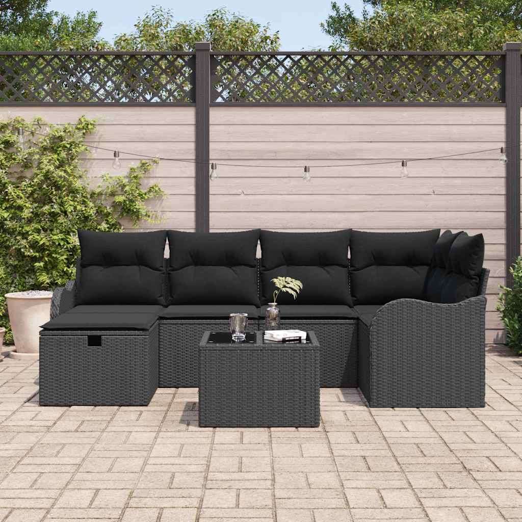 Set Divano da Giardino con cuscino 7 pcs Nero Poly Rattan | homemem39