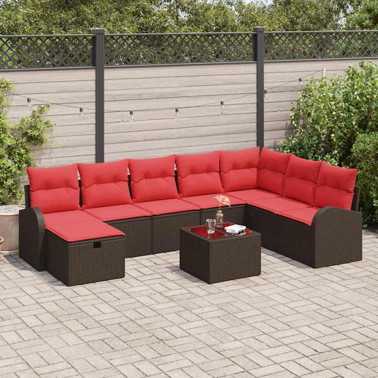 Set di divani con cuscino 9 pcs Marrone e Rosso polyrattan
