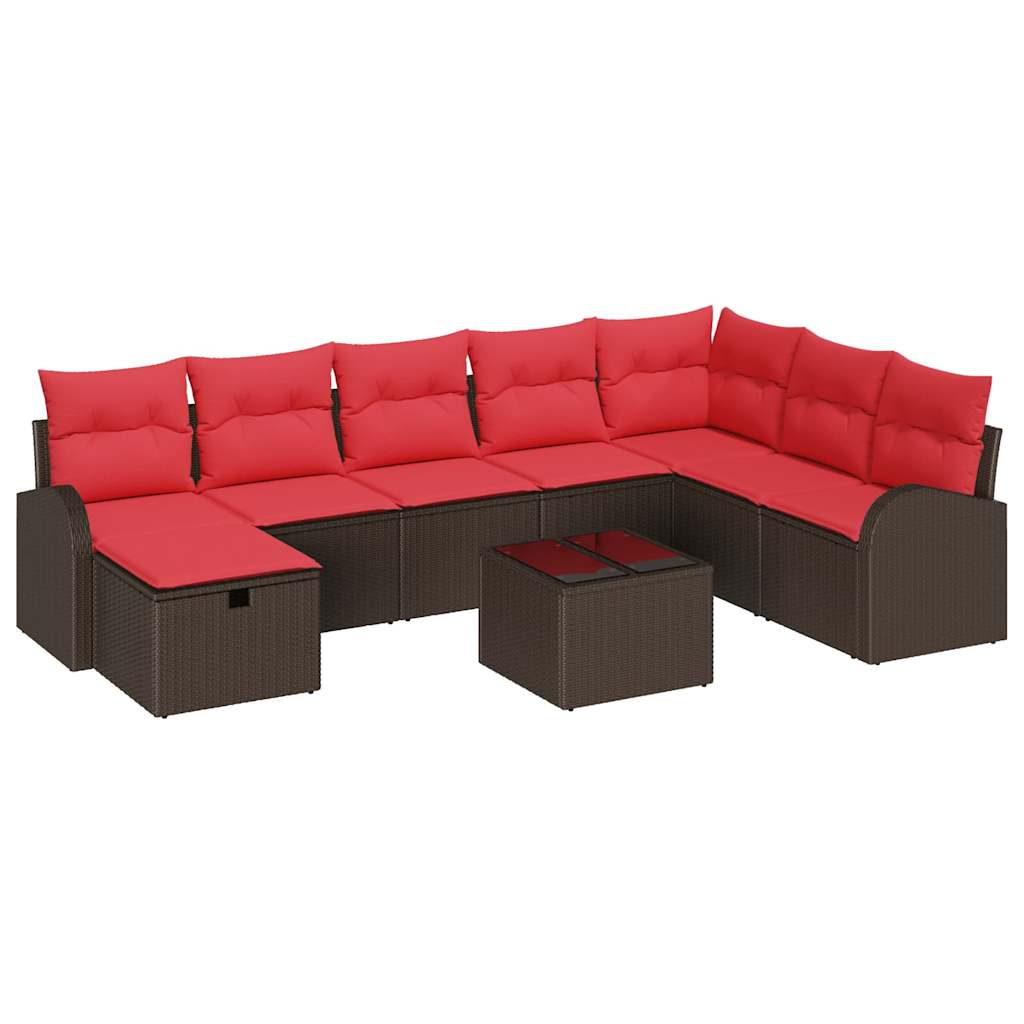 Set di divani con cuscino 9 pcs Marrone e Rosso polyrattan