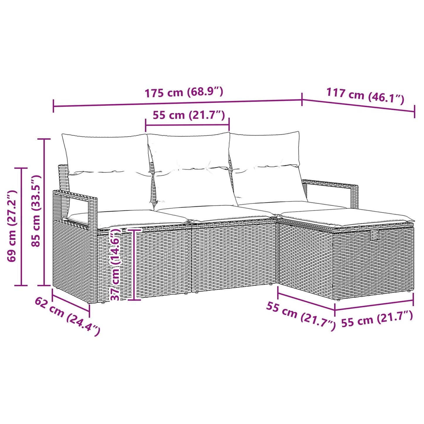 Set di divani con cuscino 4 pcs Nero e Turchese polyrattan