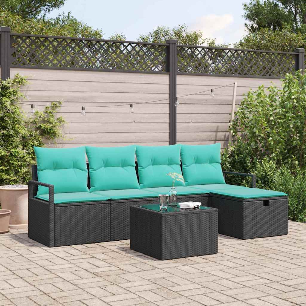 Set di divani con cuscino 6 pcs Nero e Turchese polyrattan