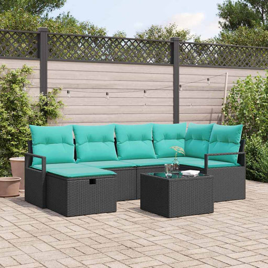 Set di divani con cuscino 7 pcs Nero e Turchese polyrattan