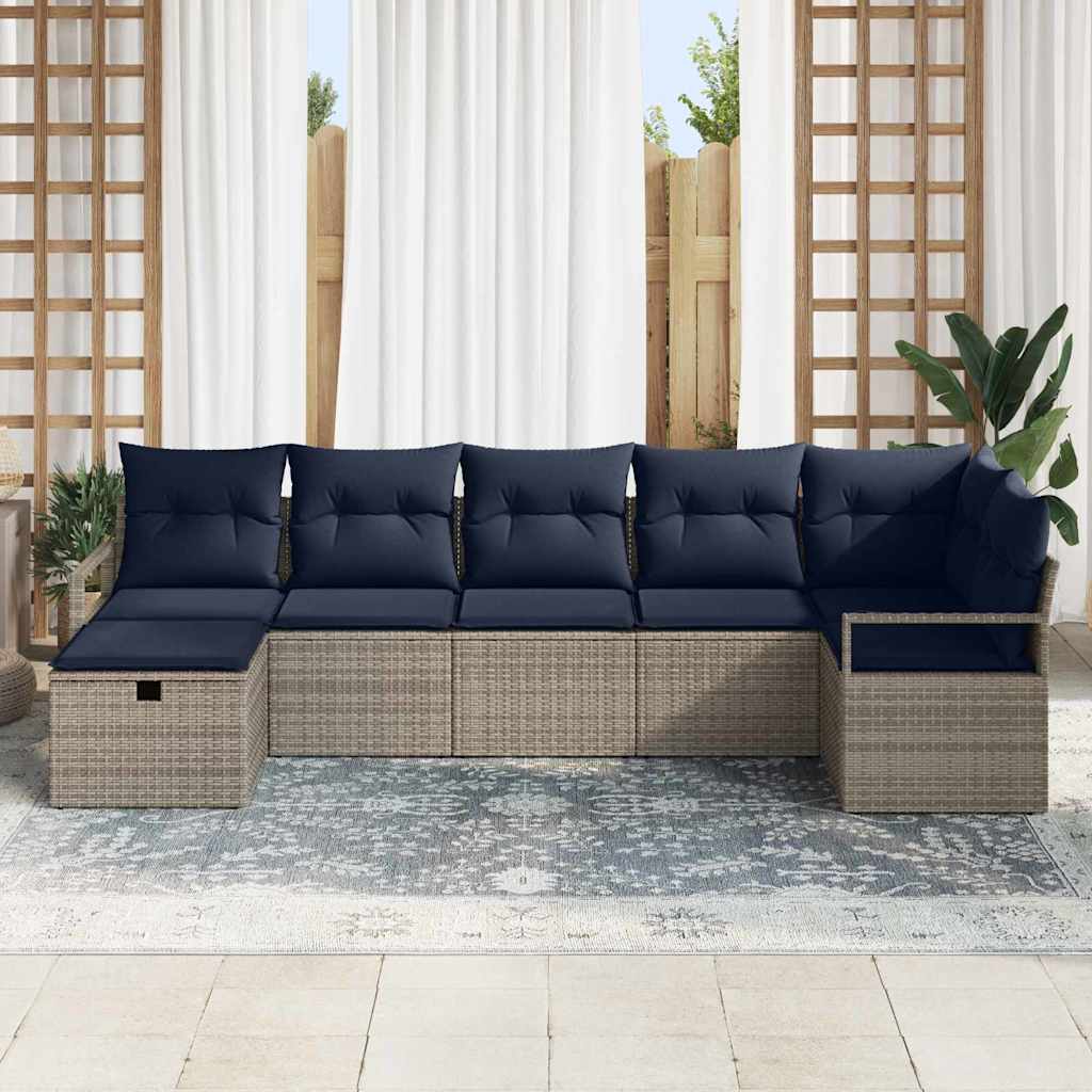 Set di divani con cuscino 7 pcs Grigio e Blu Navy polyrattan