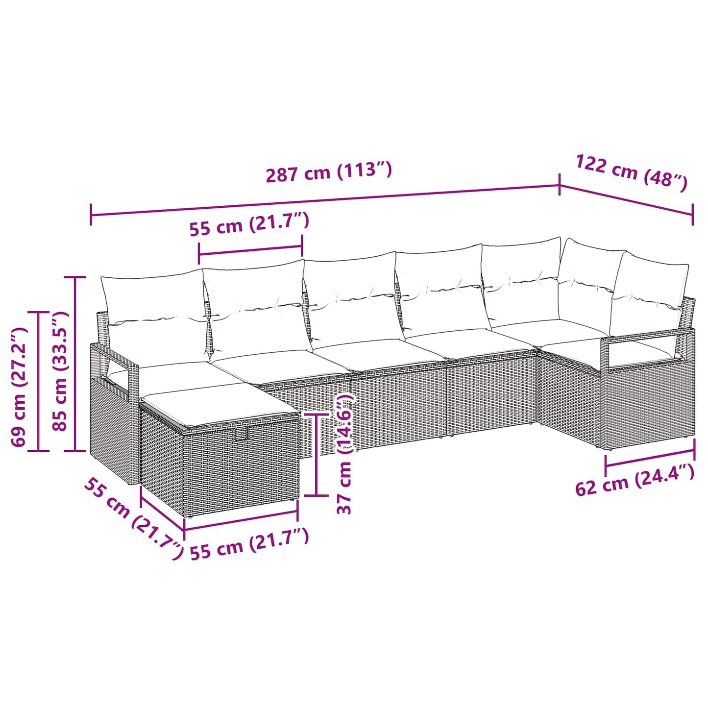 Set di divani con cuscino 7 pcs Grigio e Blu Navy polyrattan
