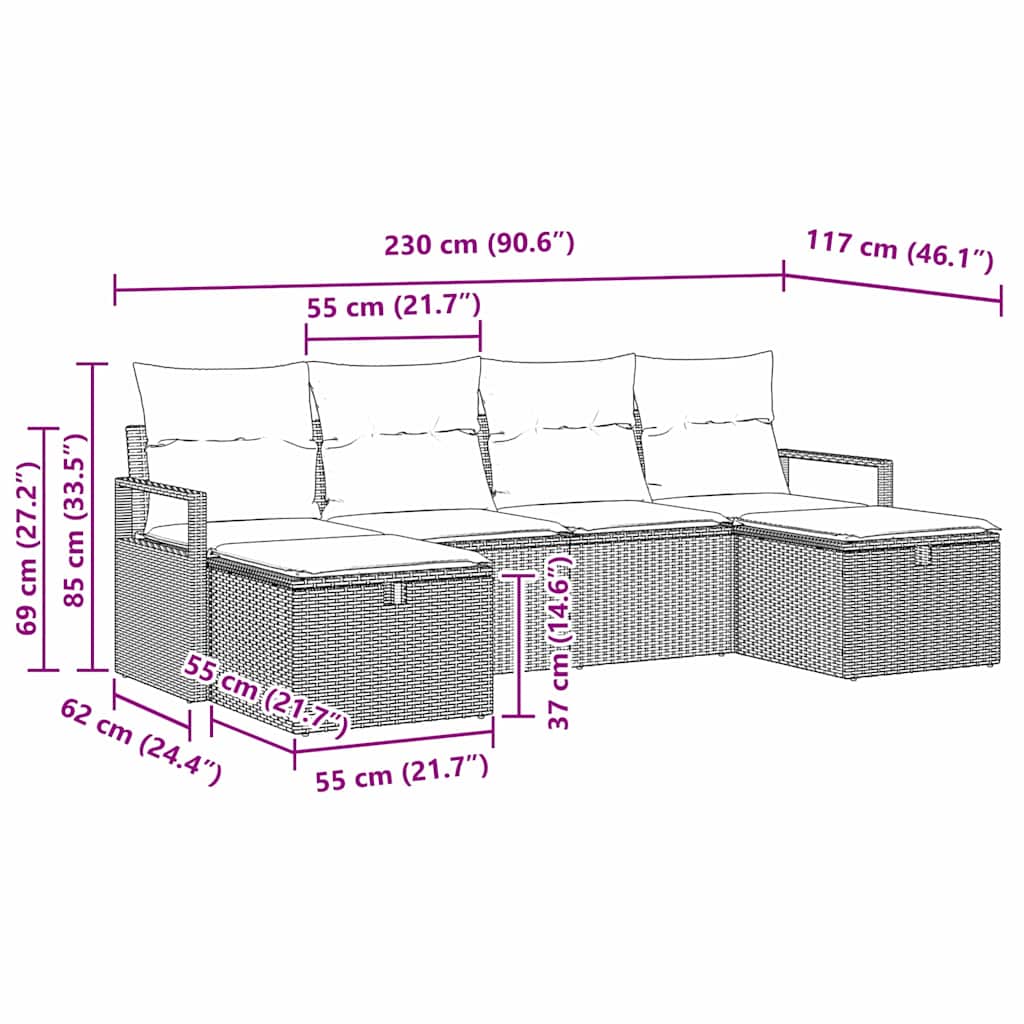 Set di divani con cuscino 6 pcs Nero e Crema polyrattan | homemem39