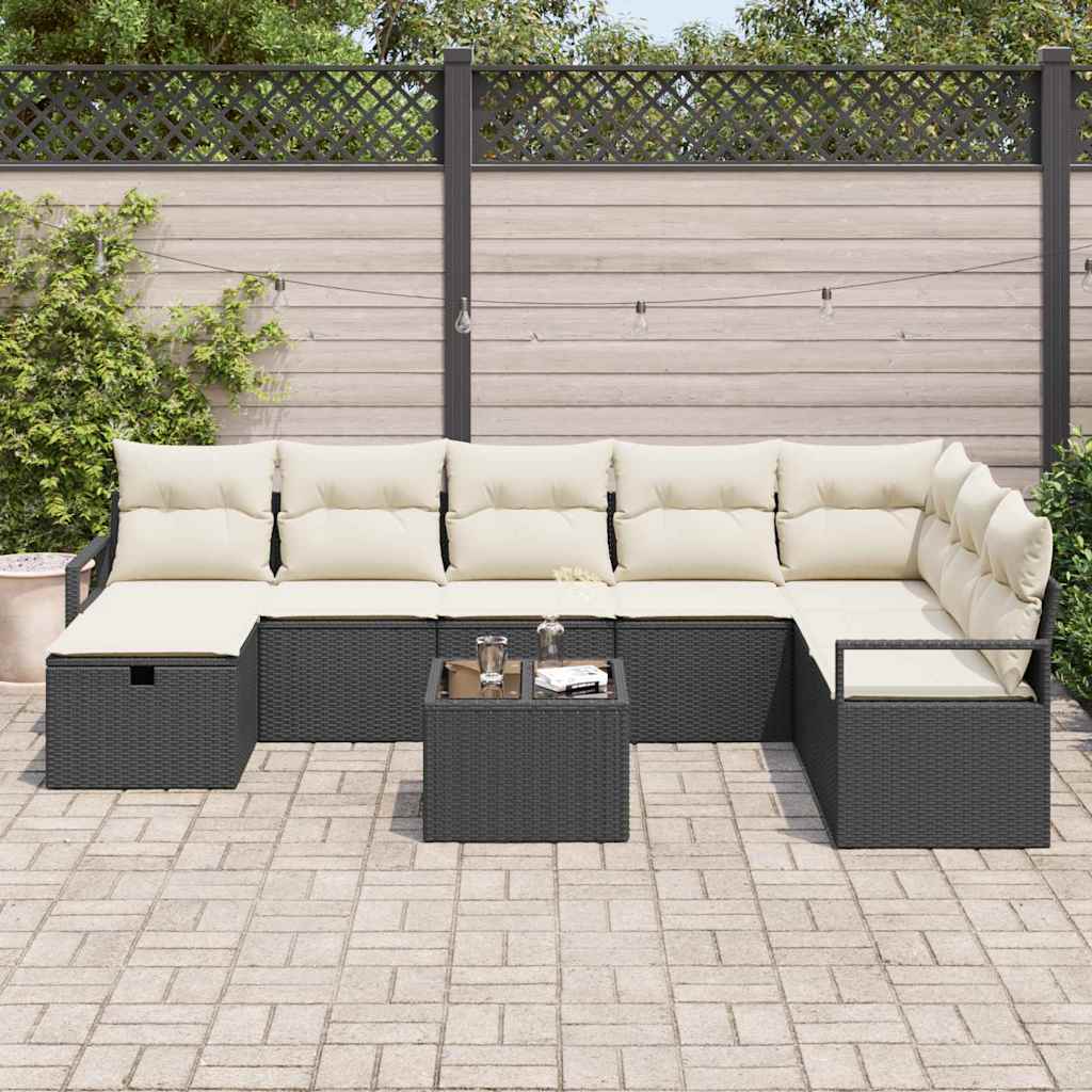 Set di divani con cuscino 9 pcs Nero e Crema polyrattan | homemem39