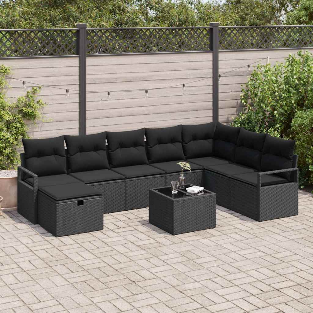 Set di divani con cuscino 9 pcs Nero polyrattan | homemem39
