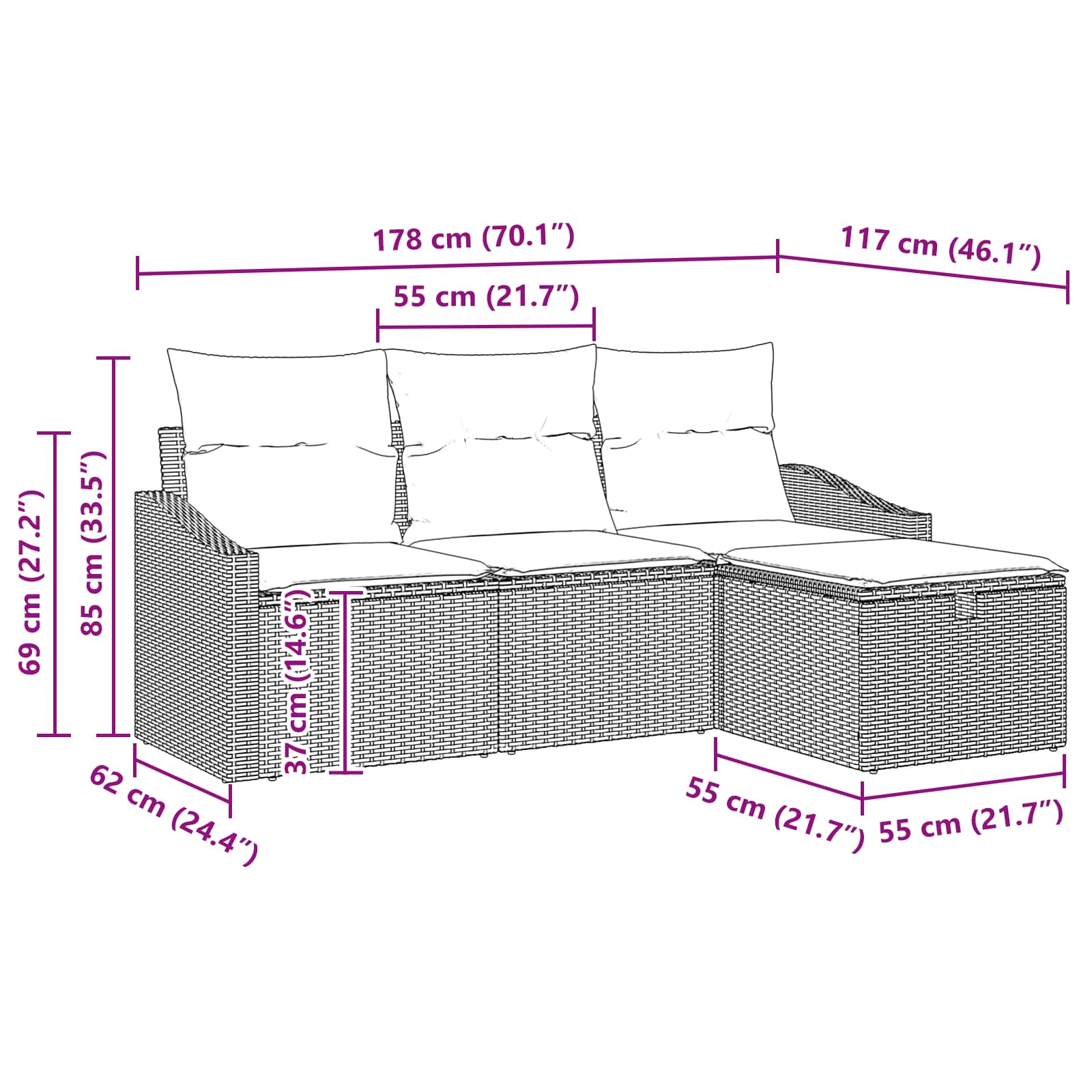 Set di divani con cuscino 4 pcs Nero Poly Rattan | homemem39