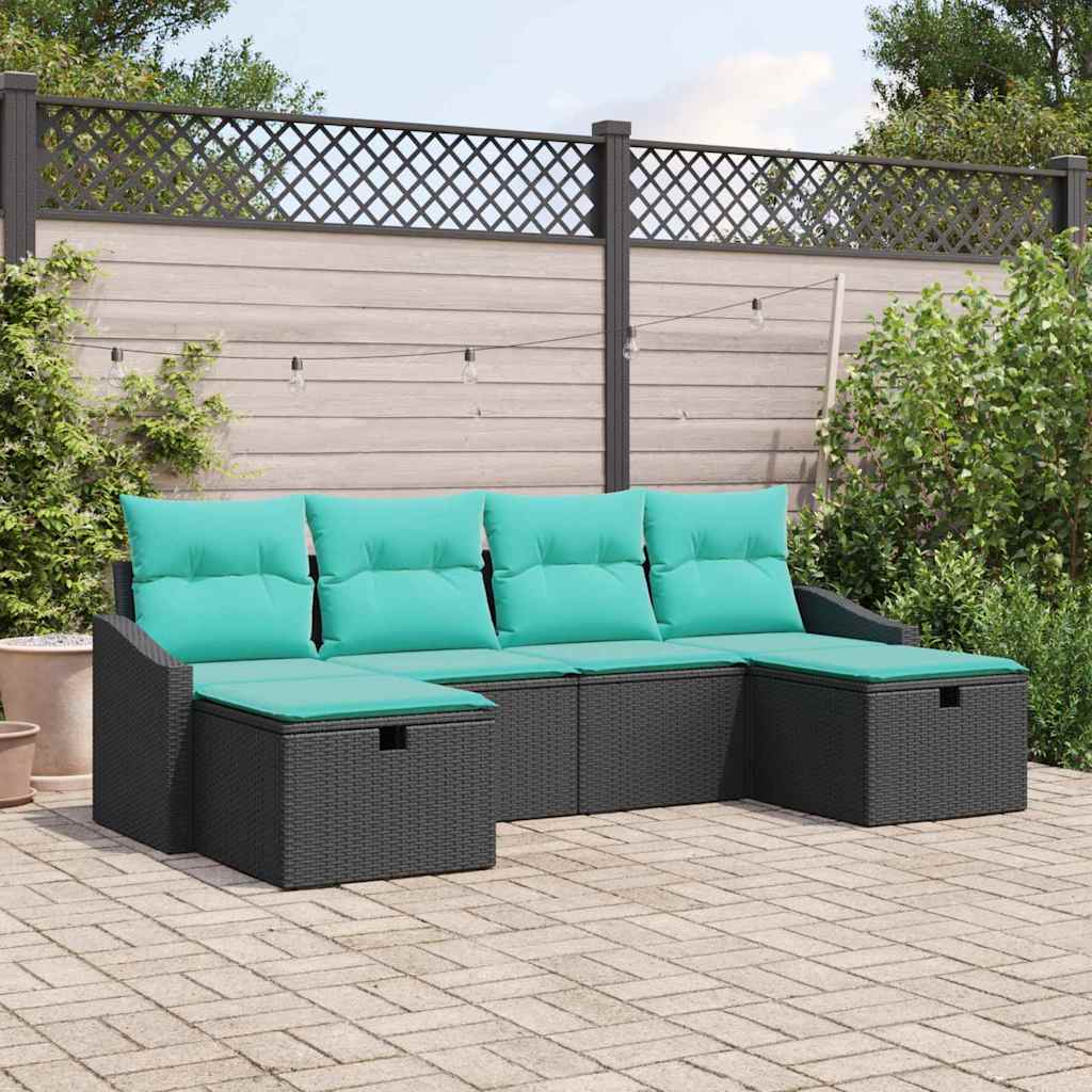 Set Divano da Giardino con cuscino 6 pcs Nero Poly Rattan | homemem39