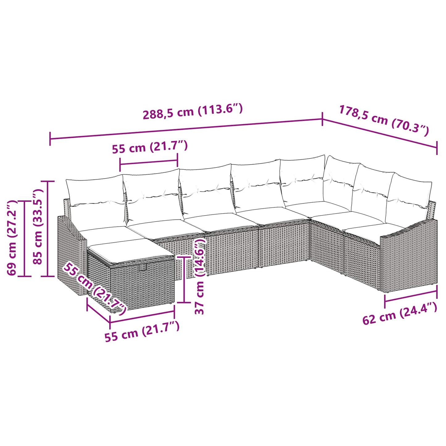 Set Divano da Giardino con cuscino 8 pcs Nero Poly Rattan | homemem39